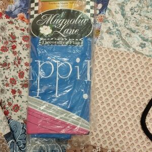 Magnolia Blue and Pink Decorative Flag with Silver Trim and White Accents